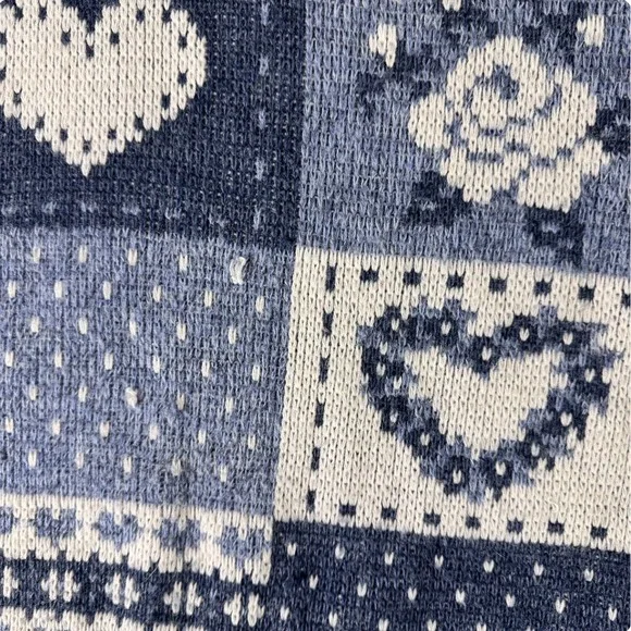 Vintage 90s Pirate Eyes Blue Patchwork Heart Knit Sweater Oversized Made in USA - Picture 6 of 8